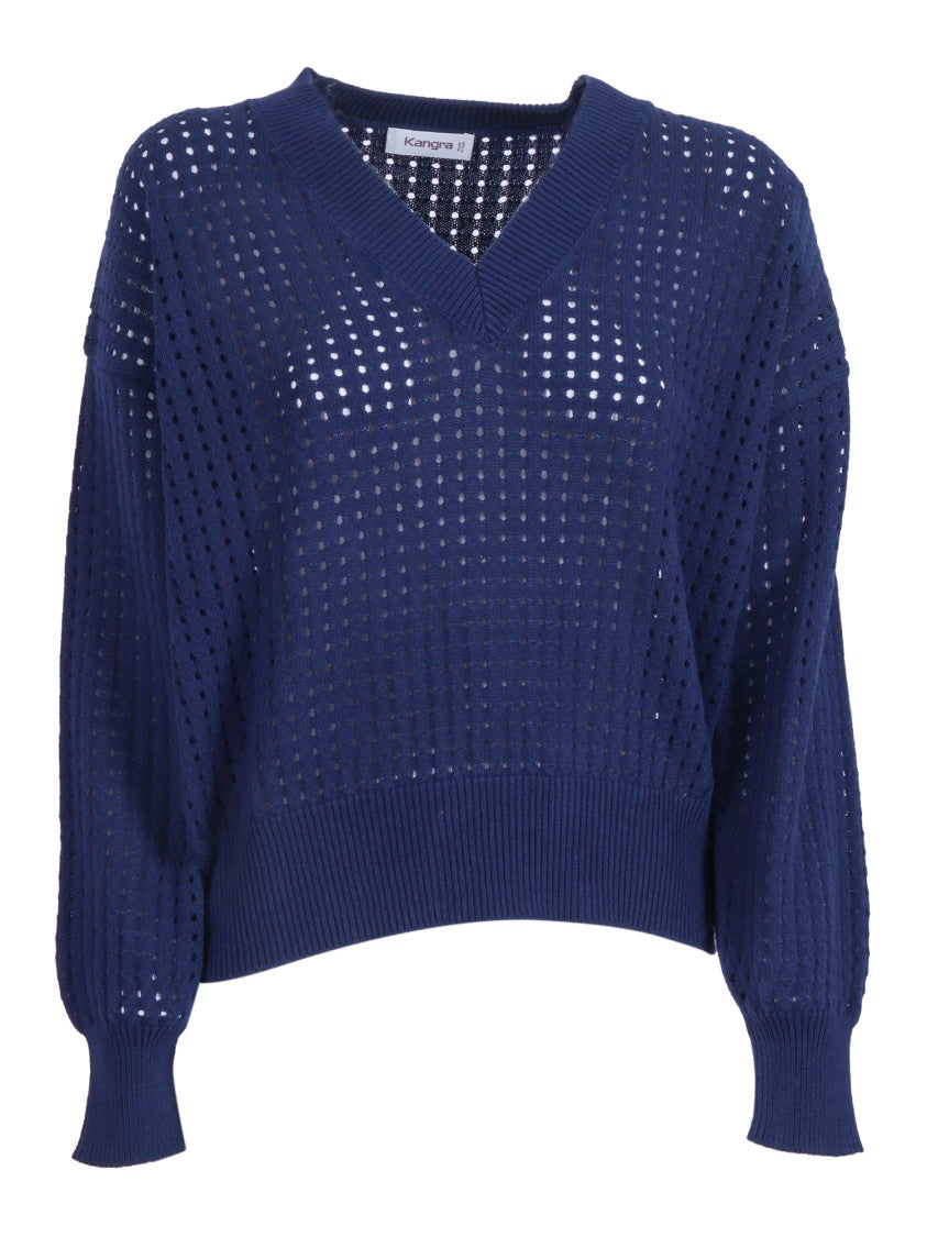 Kangra Cashmere Mesh Knit Cropped V Neck Sweater