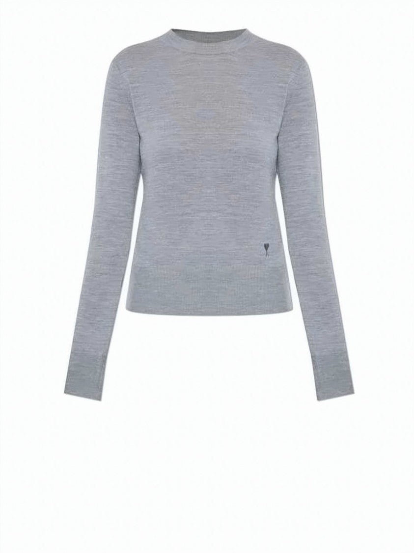 Ami Paris Fitted Grey Knit Sweater With Subtle Embroidery