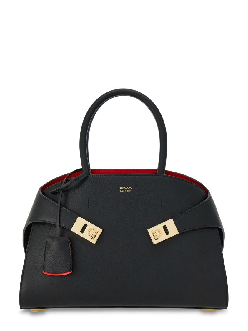 Ferragamo Structured Gold Accent Dual Top Handle Handbag