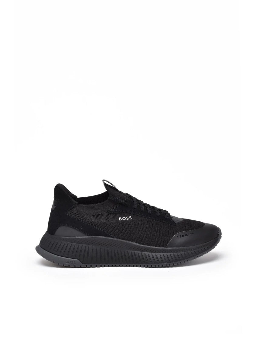 Boss Black Leather-Blend Knit Sneakers