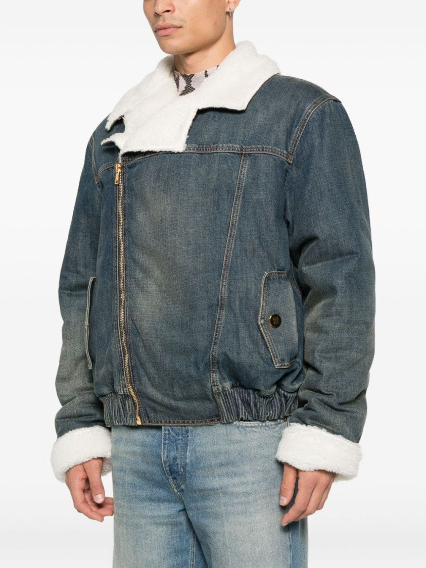Balmain Blue Denim Shearling Collar Zip Jacket