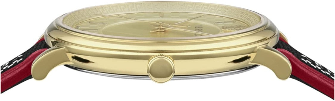 Versace Gold-Tone V-Circle Watch With Textured Dial And Hybrid Strap