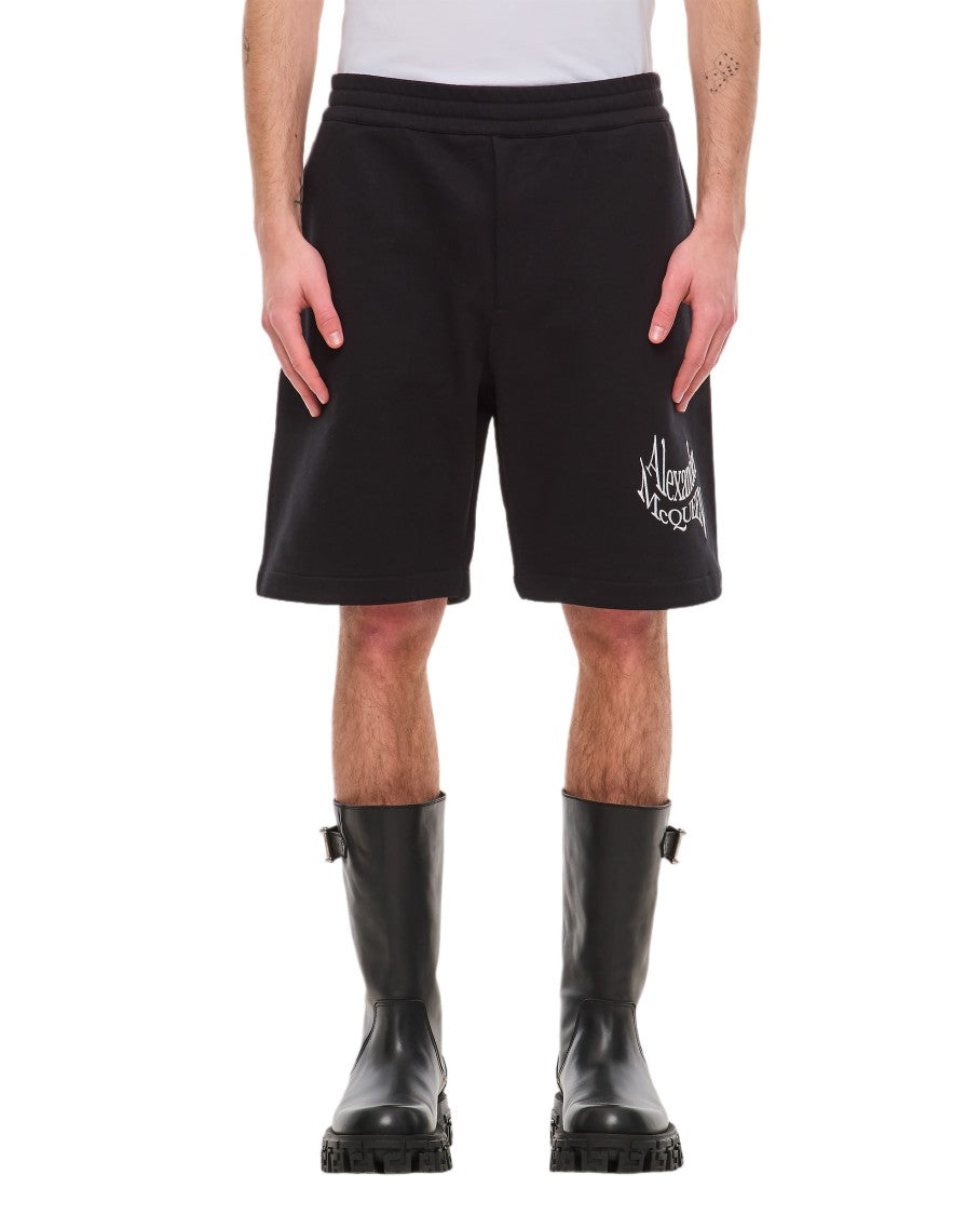 Alexander Mcqueen Relaxed Fit Black Cotton Shorts With Signature Embroidery