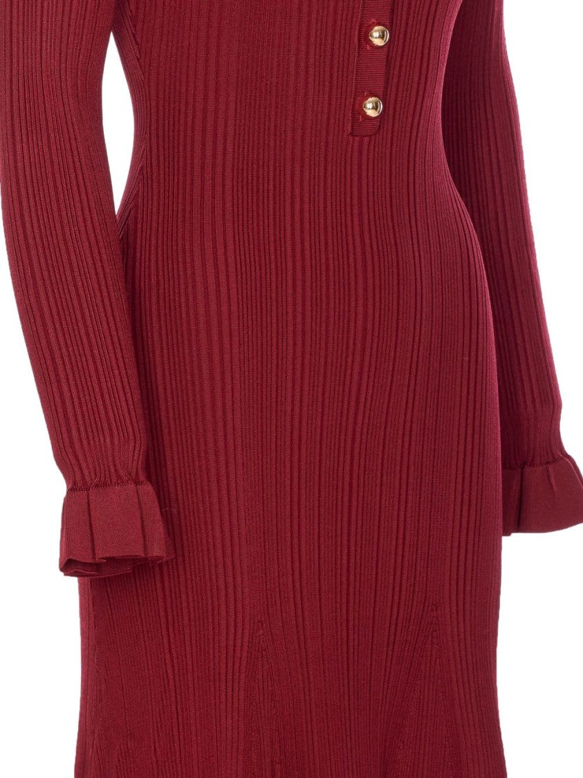 Self-Portrait Burgundy Ribbed Knit Midi Dress With Ruffled Cuffs