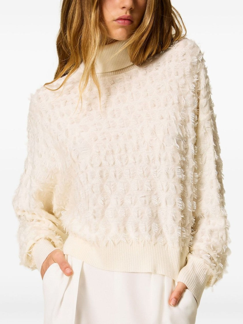 Twin-Set Textured Knit Sweater With High Neckline And Oversized Sleeves