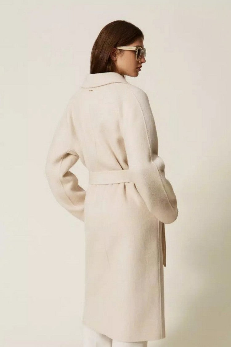 Twin-Set Ivory Double-Breasted Belted Wool-Blend Coat