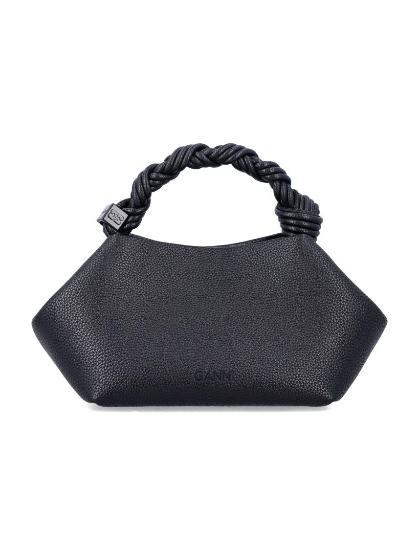 Ganni Geometric Black Handbag With Twisted Handle And Embossed Branding