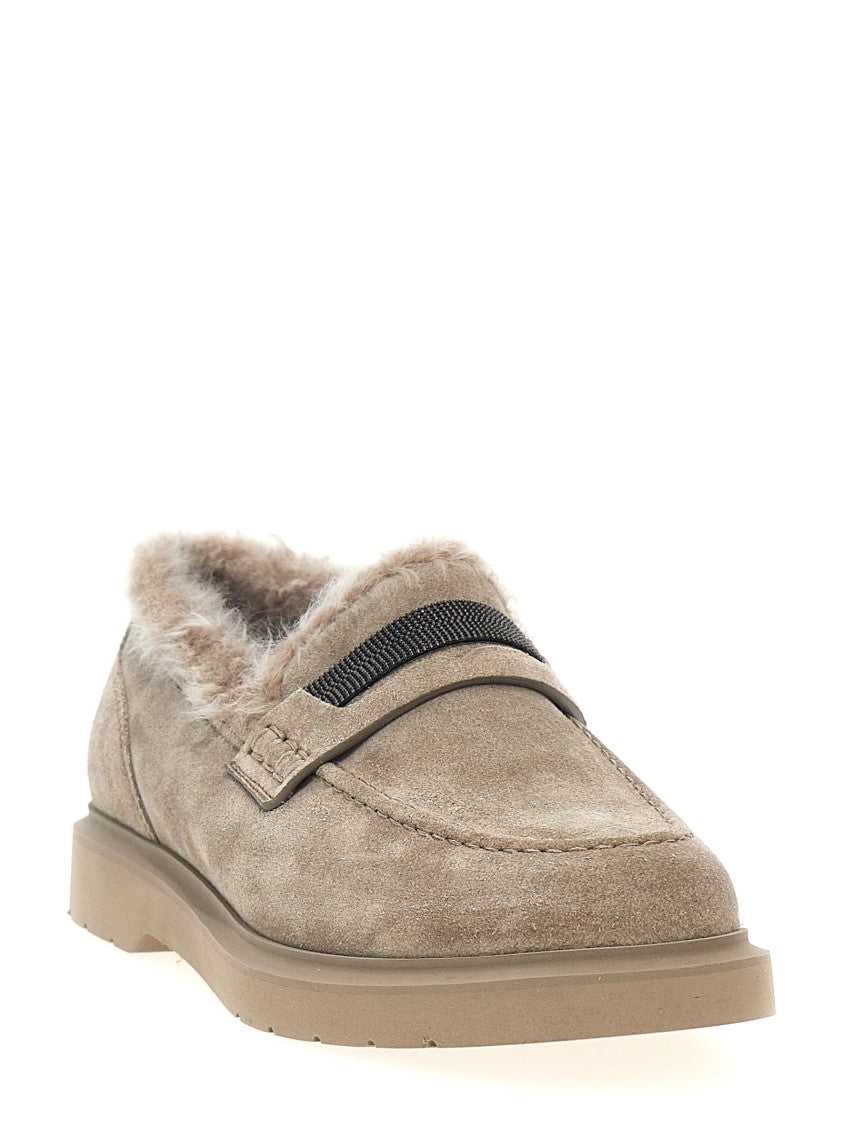 Brunello Cucinelli Suede Loafers With Monile Detail And Fur Lining