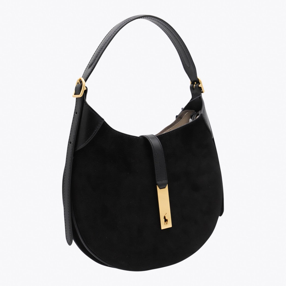 Polo Ralph Lauren Rounded Black Suede Bag With Adjustable Gold-Tone Buckles