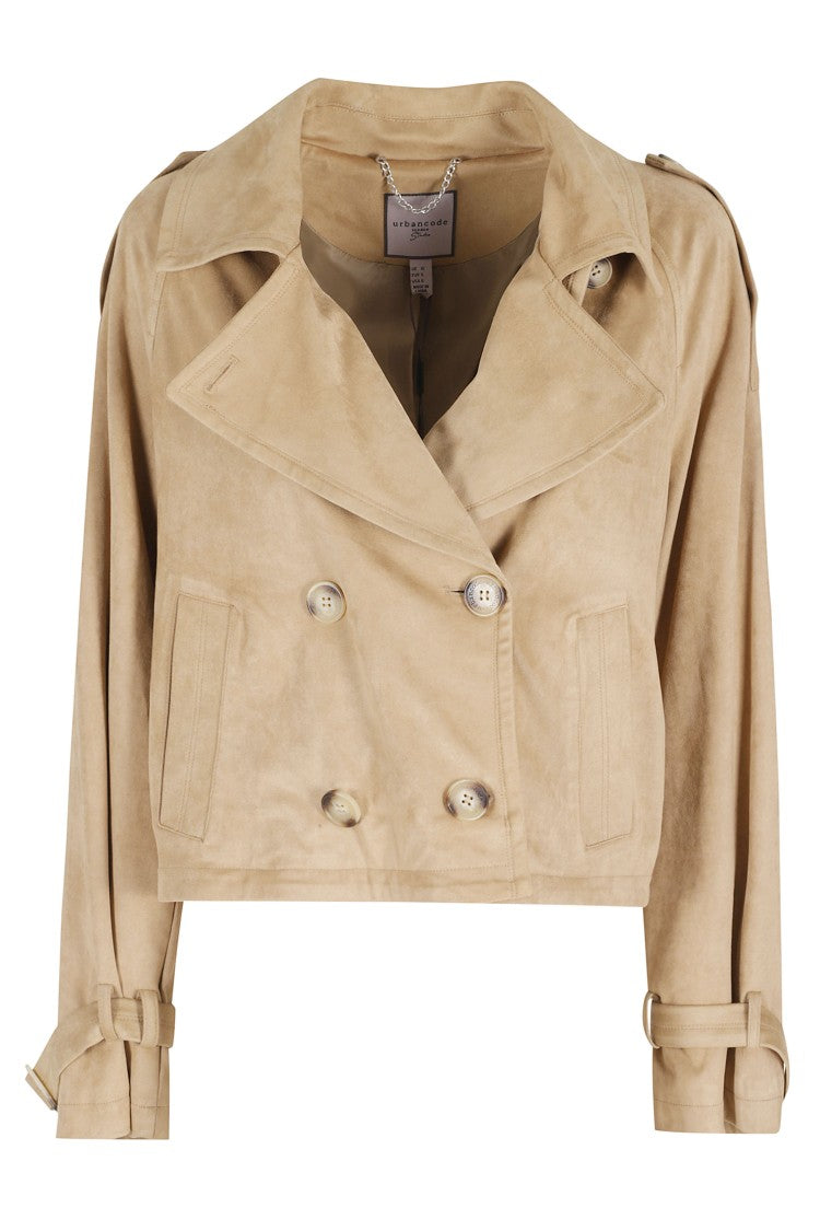 Urbancode Brown Double-Breasted Suede-Effect Polyester Jacket
