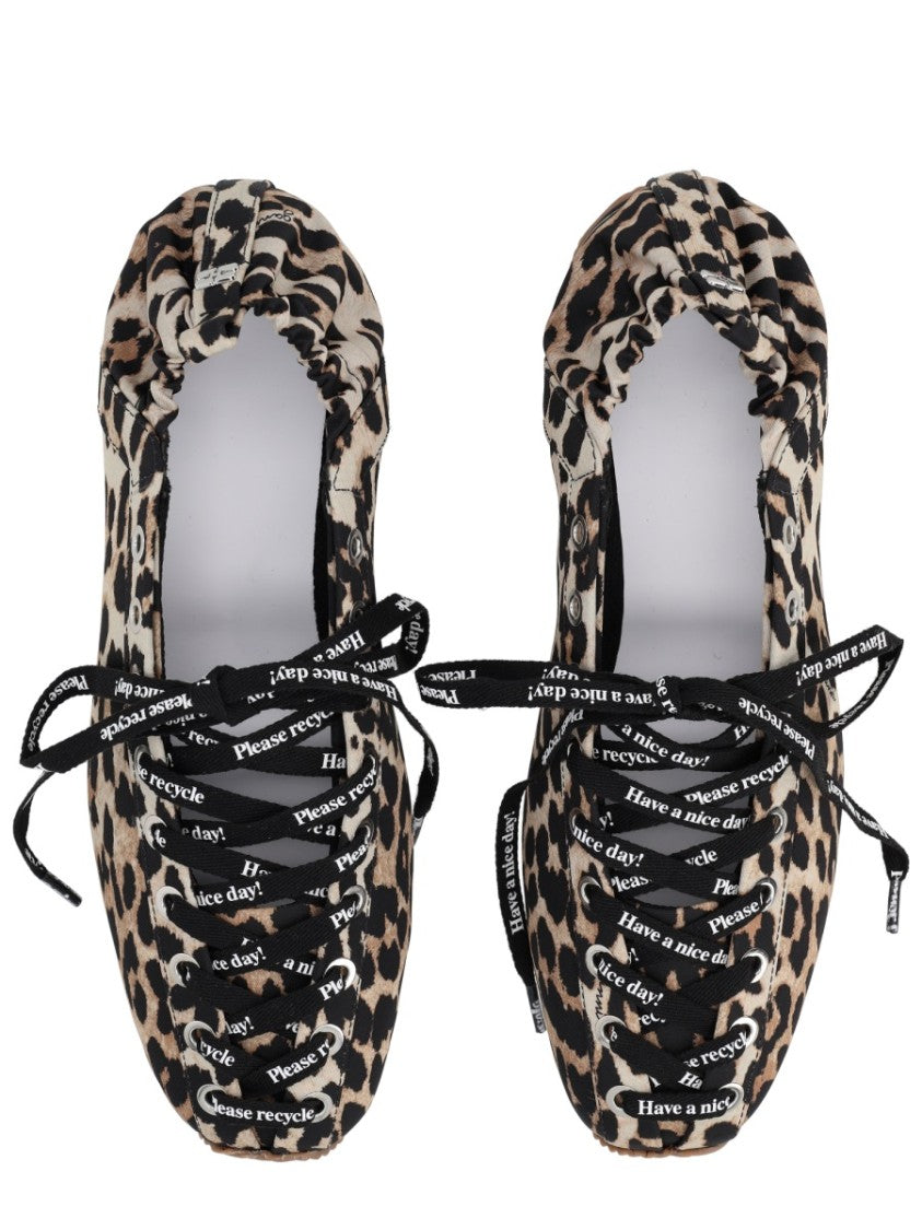 Ganni Leopard Print Gathered Elastic Flats