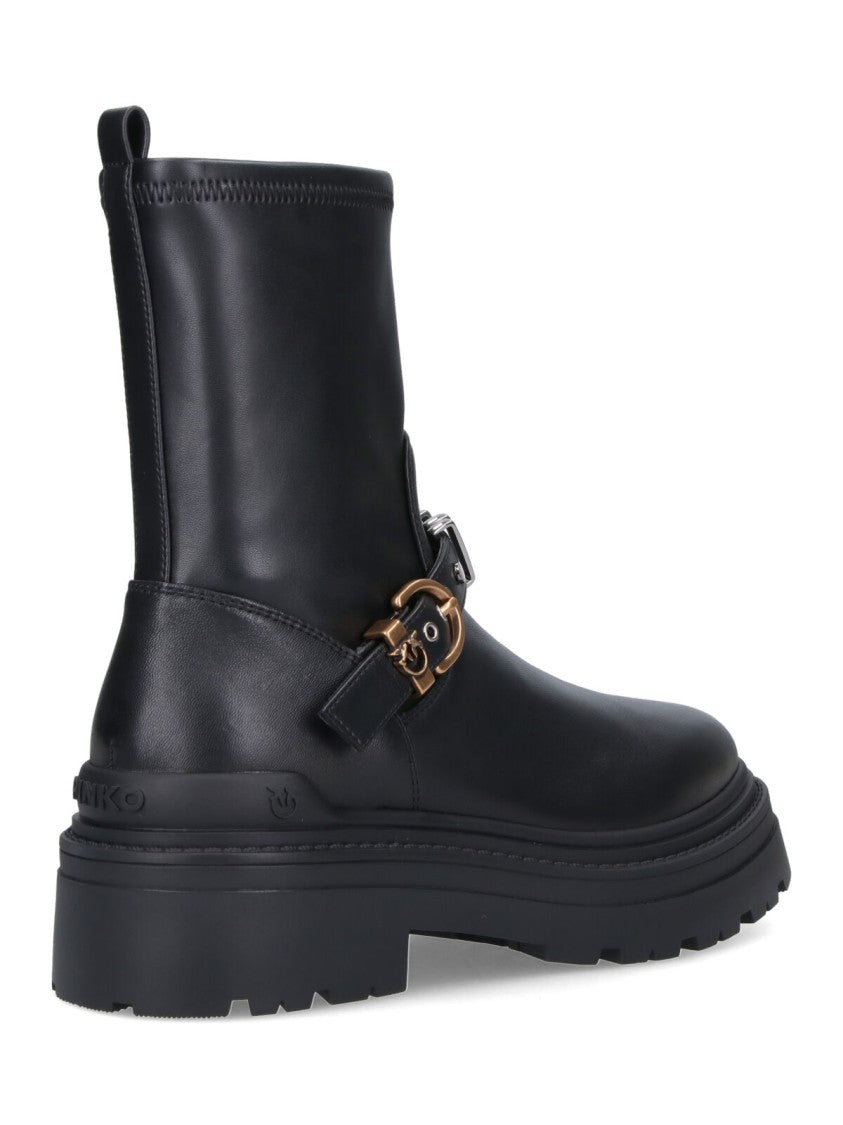 Pinko Rounded Toe Black Leather Ankle Boots With Front Strap