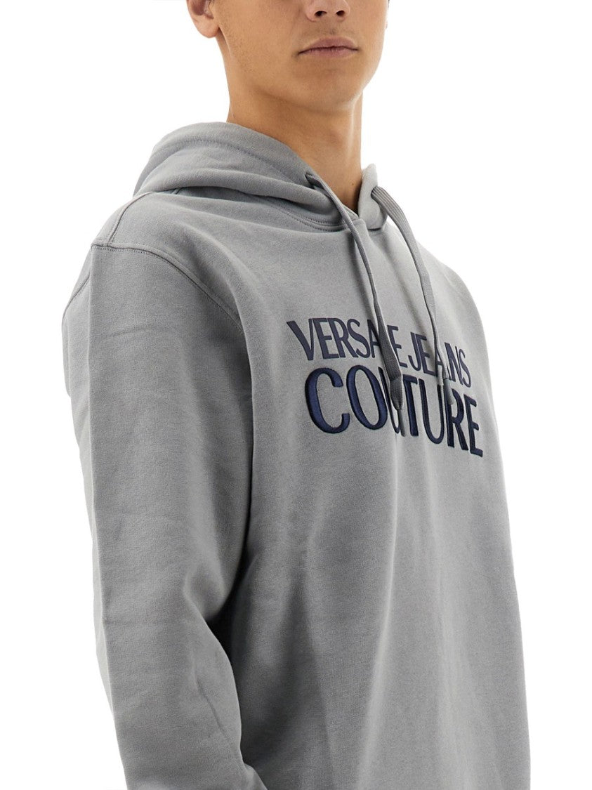 Versace Jeans Couture Grey Logo Print Sweatshirt With Classic Hood