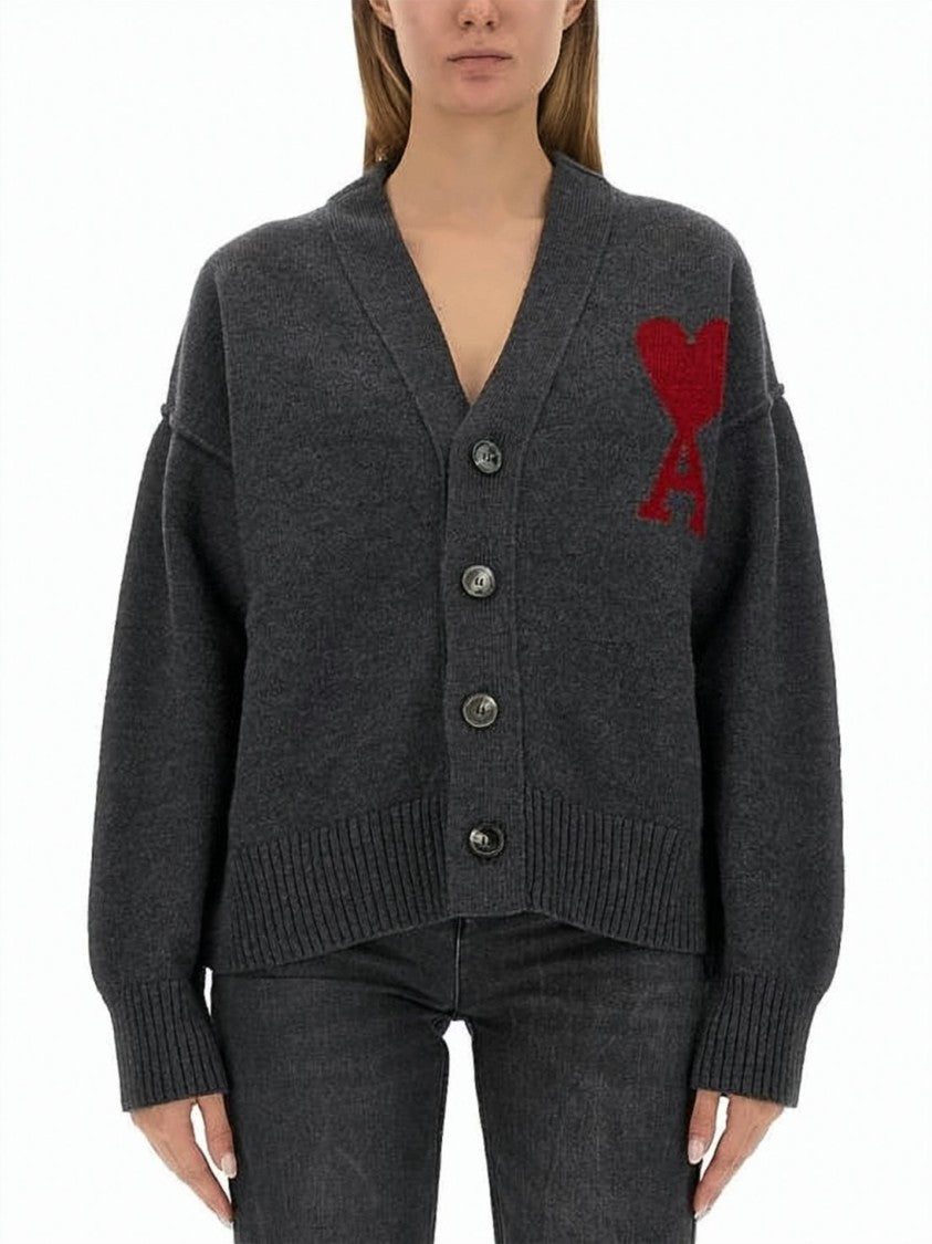 Ami Paris Grey Wool Cardigan With Deep V-Neckline