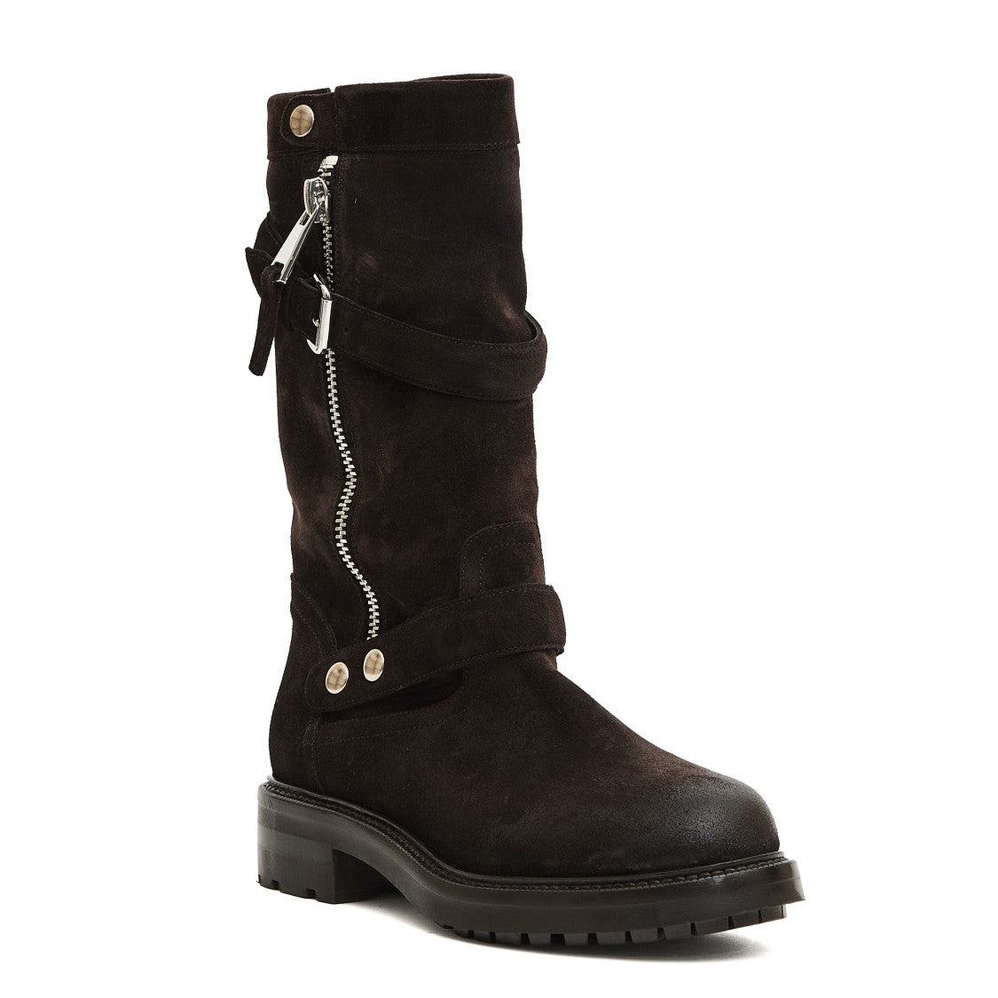Strategia Dark Brown Suede Biker Ankle Boots With Zipper And Buckle Accents