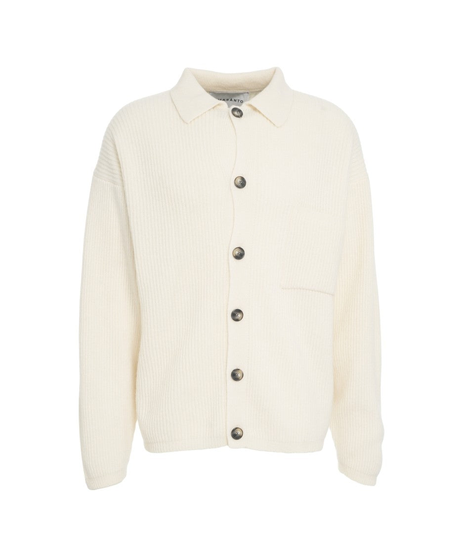 Amaranto Textured Knit Cardigan With Button Closure And Ribbed Collar