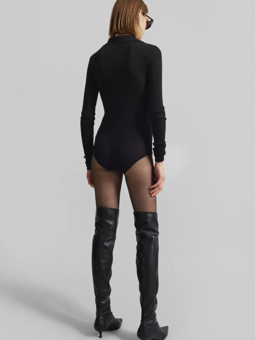 The Frankie Shop Black Polo Collar Wool-Silk Bodysuit
