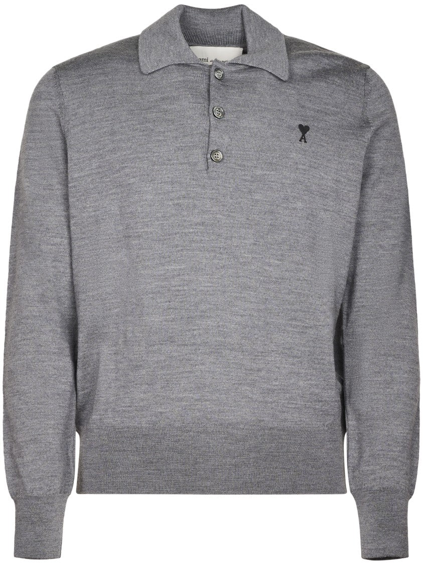 Ami Paris Finely Knit Polo Sweater With Contrasted Emblem