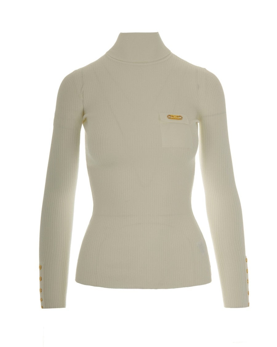 Elisabetta Franchi Ribbed Sweater With Pocket - Ivory