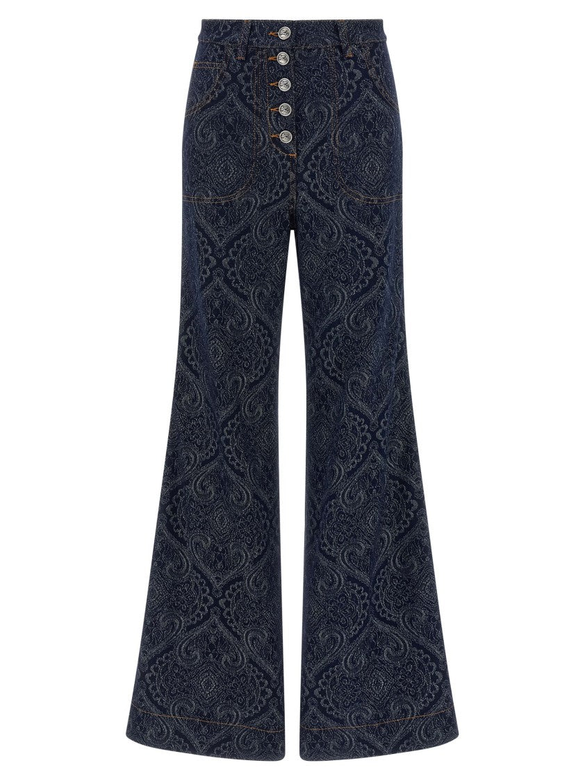 Etro Abstract Jacquard Denim Jeans With Flared Leg