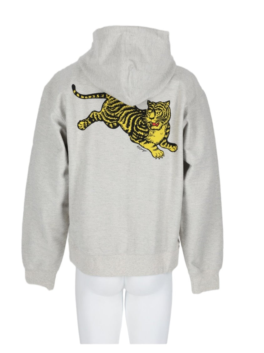Kenzo Grey Hooded Tiger Graphic Embroidered Sweatshirt
