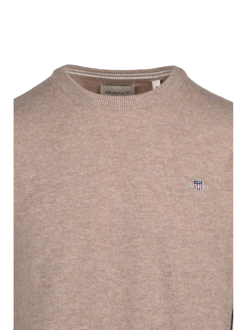 Gant Beige Wool Crewneck Sweater With Ribbed Detailing