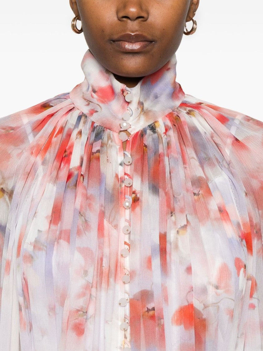 Zimmermann Pastel Floral Shirt With Pleated Design And High Neckline