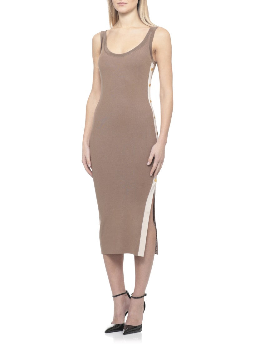 Elisabetta Franchi Fitted Midi Dress With Contrasting Side Band And Logoed Metal Details