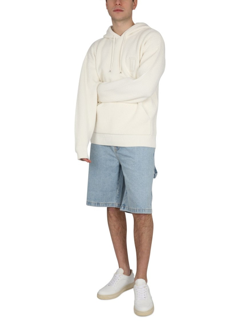 Drôle De Monsieur Ribbed White Hooded Shirt With Drawstring