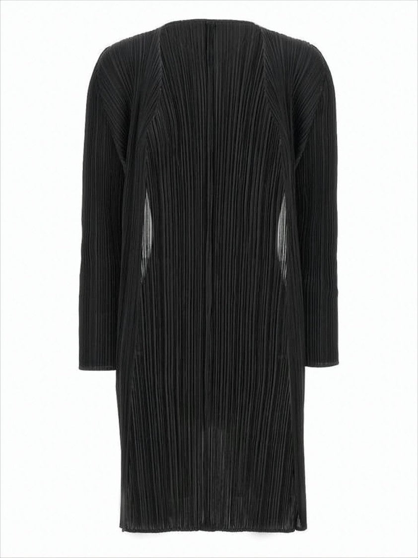 Pleats Please Pleated Black Midi Dress With Three-Quarter Sleeves
