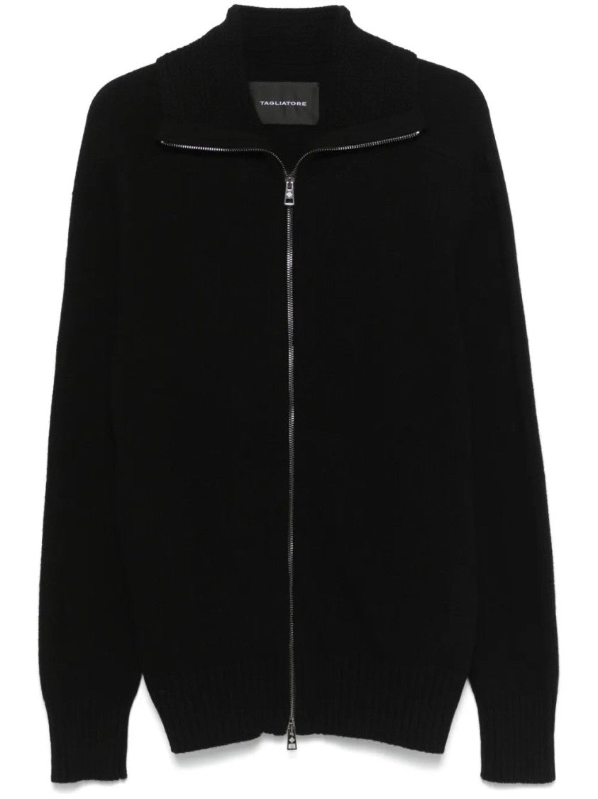 Tagliatore High-Collar Black Cardigan With Zip Closure