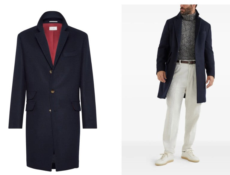 Brunello Cucinelli Tailored Long Coat With Classic Lapel And Contrasting Inner Lining