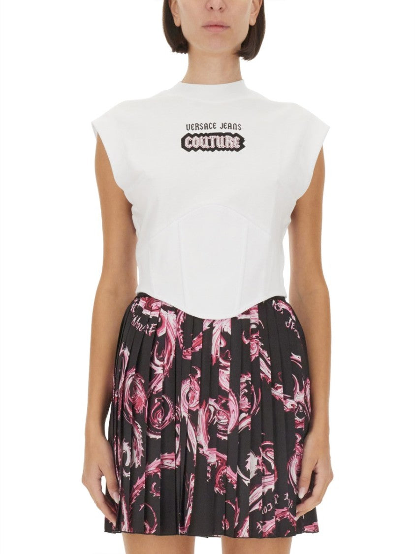 Versace Jeans Couture White Top With Logo And Cap Sleeves