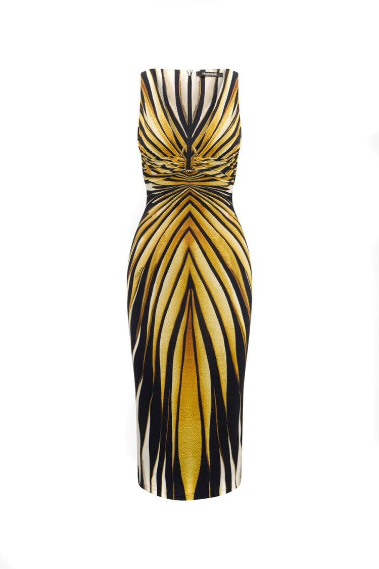 Roberto Cavalli Multicolor Striped Midi Dress With V-Neckline And Ruching