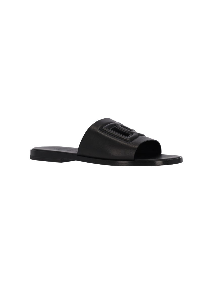 Dolce & Gabbana Black Logo-Embossed Leather Slide Sandals