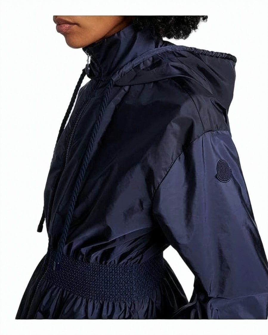 Moncler Fitted Blue Nylon Jacket With Gathered Waist And Hood