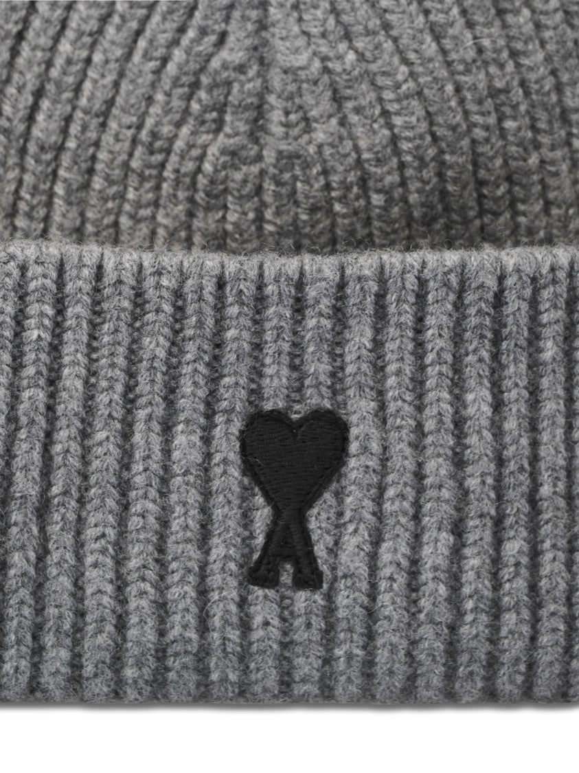 Ami Paris Grey Quota Embroidered Wool Beanie Hat