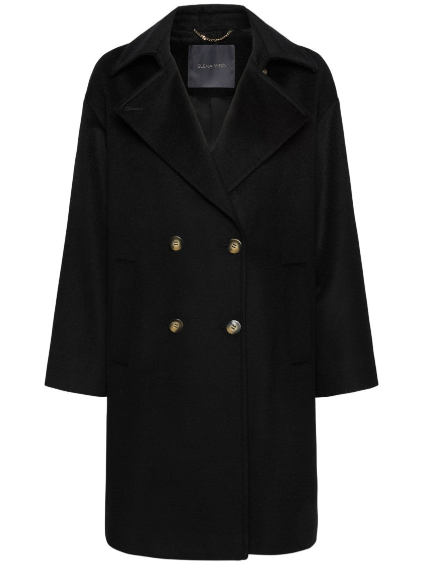 Elena Miro` Double-Breasted Black Wool Coat With Draped Silhouette