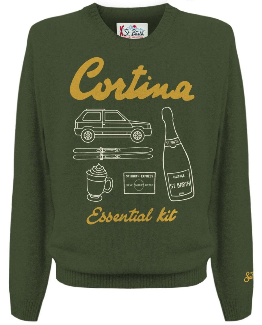 Mc2 Saint Barth Olive Green Graphic Print Crew Neck Sweater