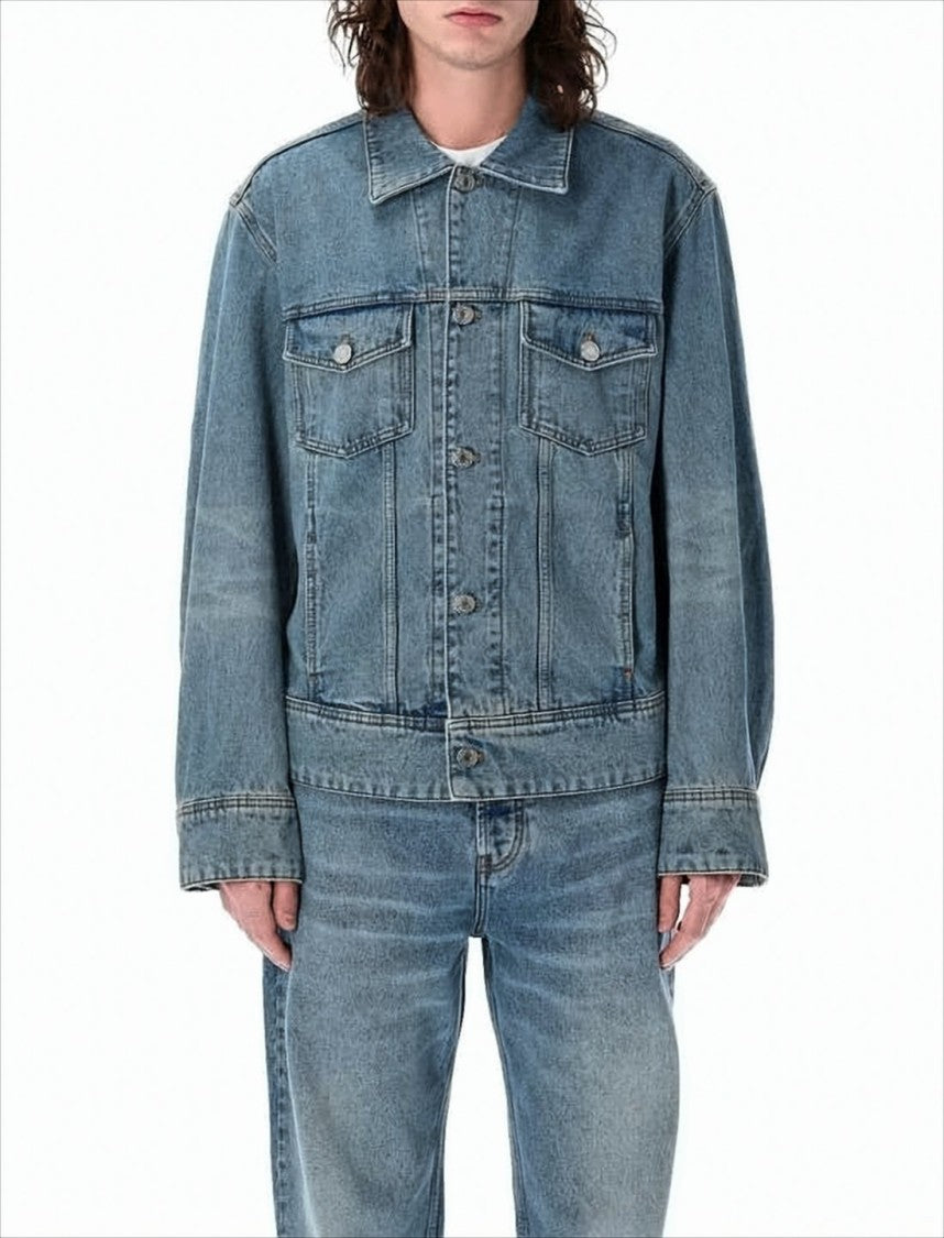 Ami Medium Blue Denim Jacket With Embroidered Details