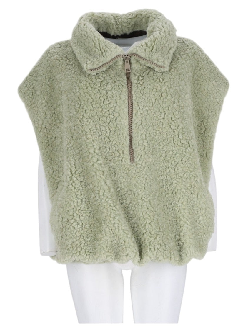 Alysi Green Textured Curly Fabric Stand-Collar Vest