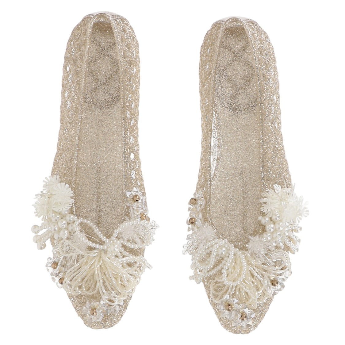 Heavenly Jelly Transparent Mesh Ballerina Flats With Pearl Embellishments