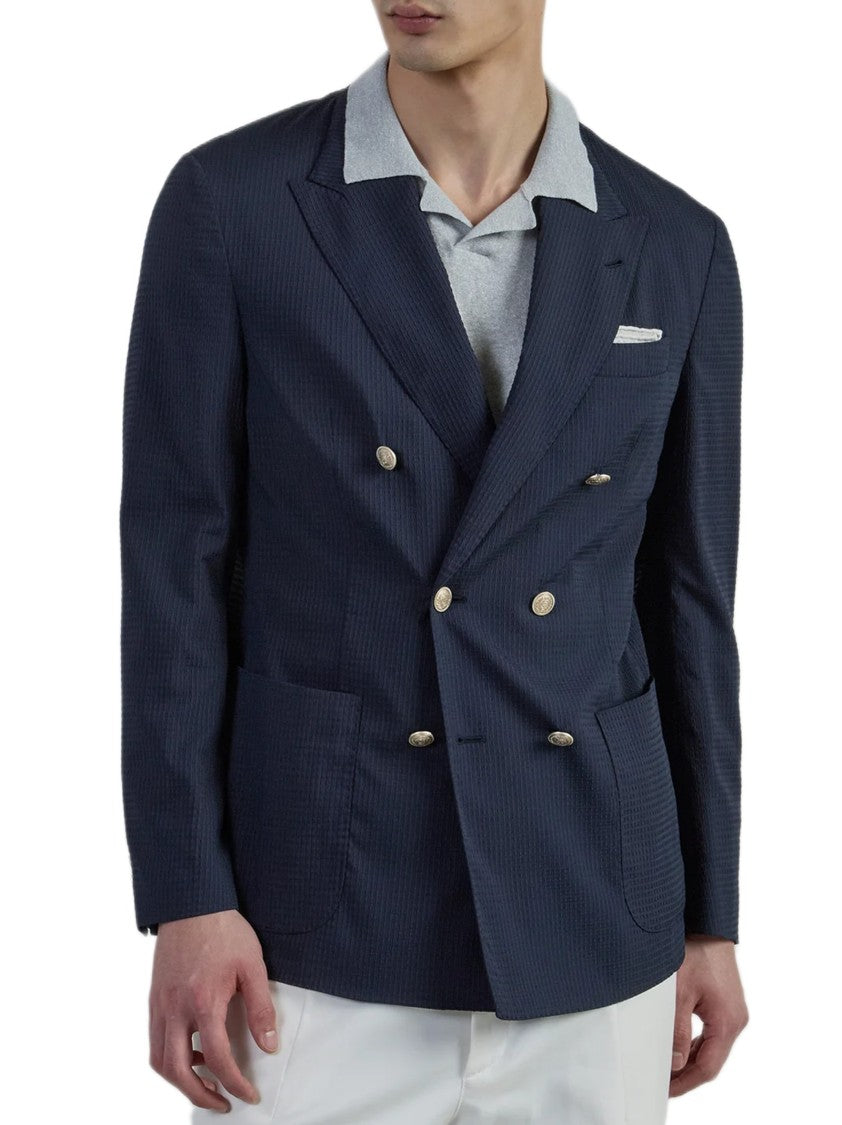 Eleventy Double-Breasted Slim Fit Blazer With Metallic Buttons