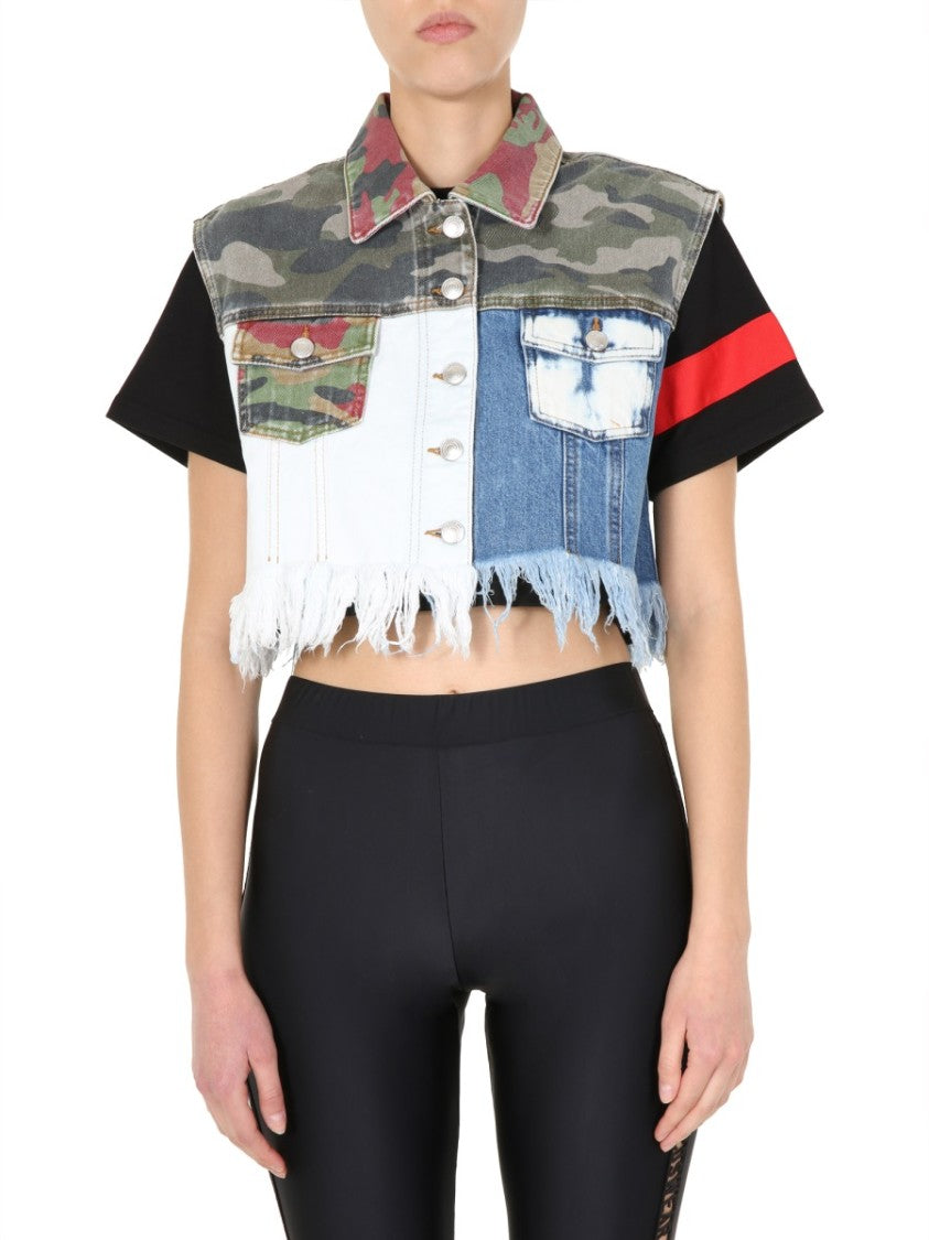 Gcds Cropped Denim Vest With Patchwork Design