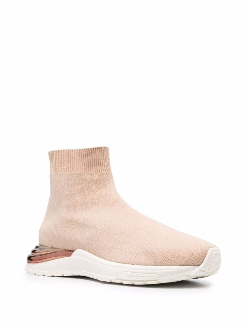 Salvatore Ferragamo Sock-Fit Beige Sneakers With Metallic Rose Gold Accents