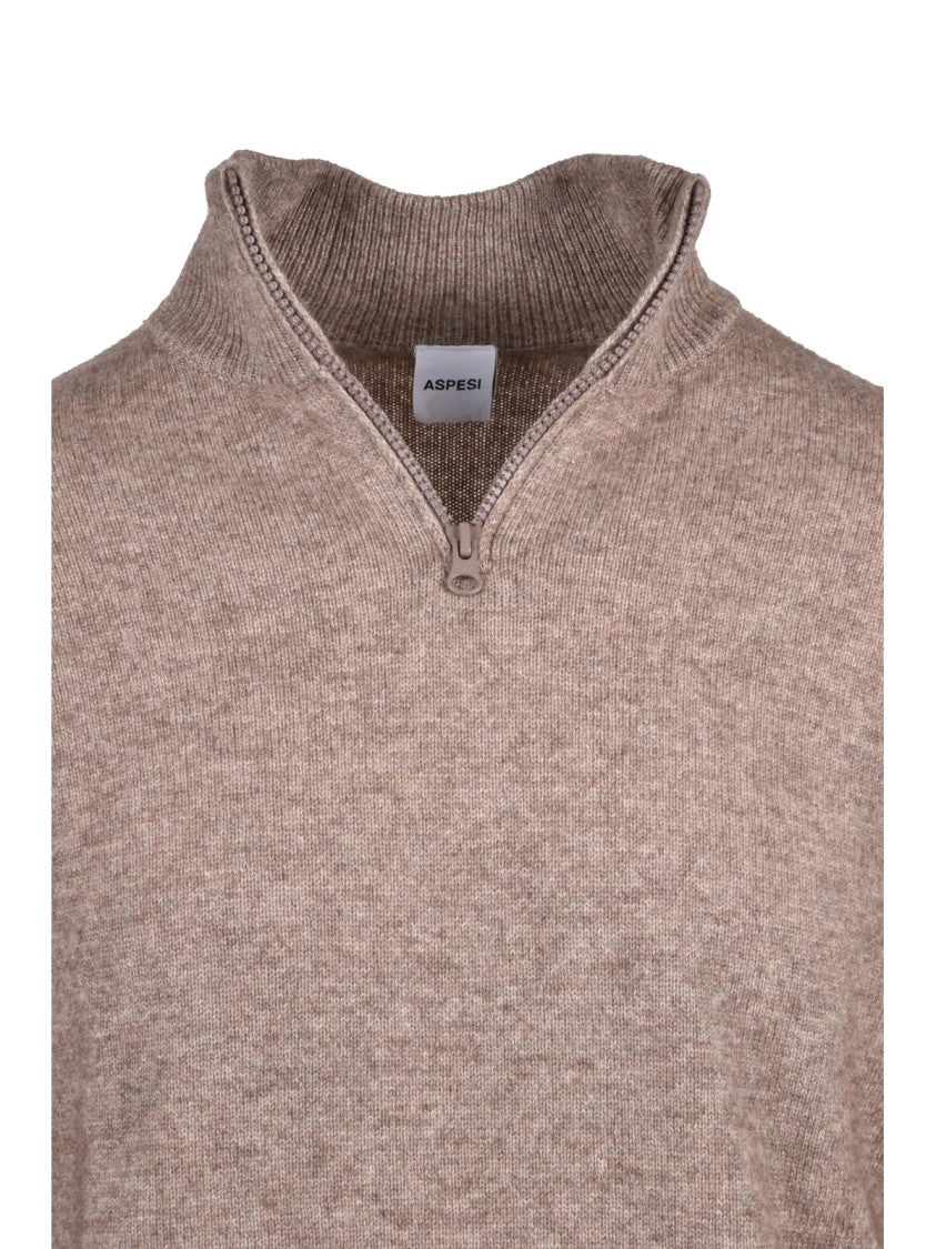 Aspesi Beige Half-Zip Pullover With Ribbed Cuffs And Luxurious Texture
