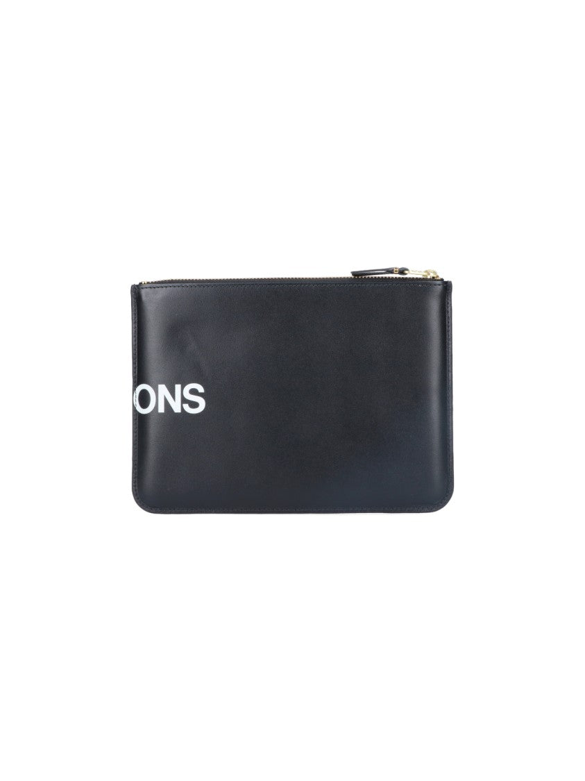 Comme Des Garçons Black Leather Pouch Wallet With Logo Print And Gold Accents