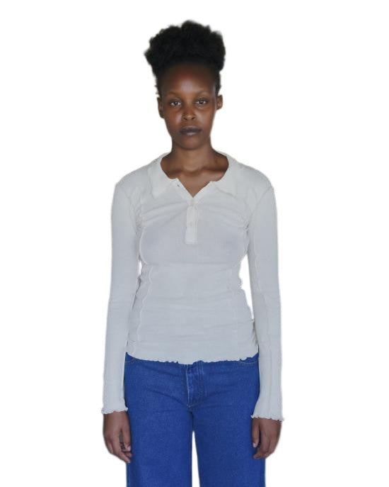 Baserange Ribbed Short Sleeve Polo With Delicate Lettuce Edges