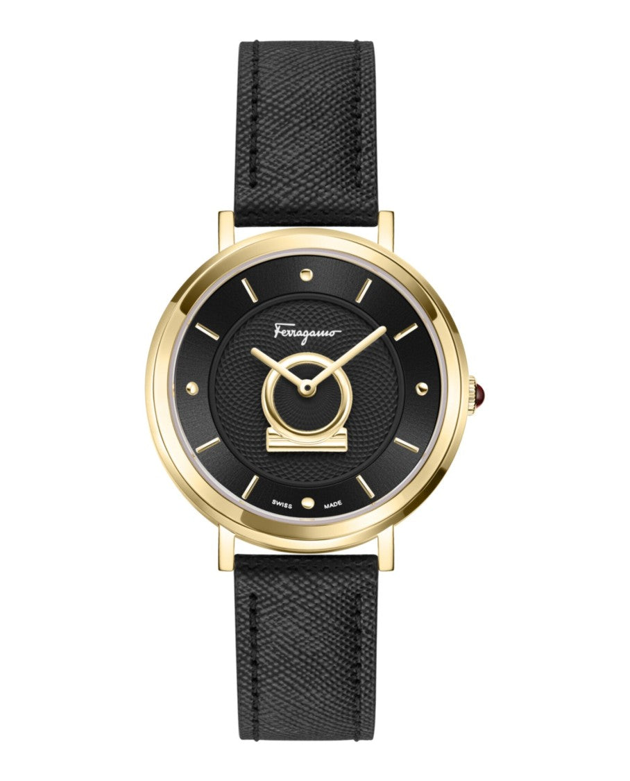 Ferragamo Minuetto Leather Watch With Black Guilloche Dial