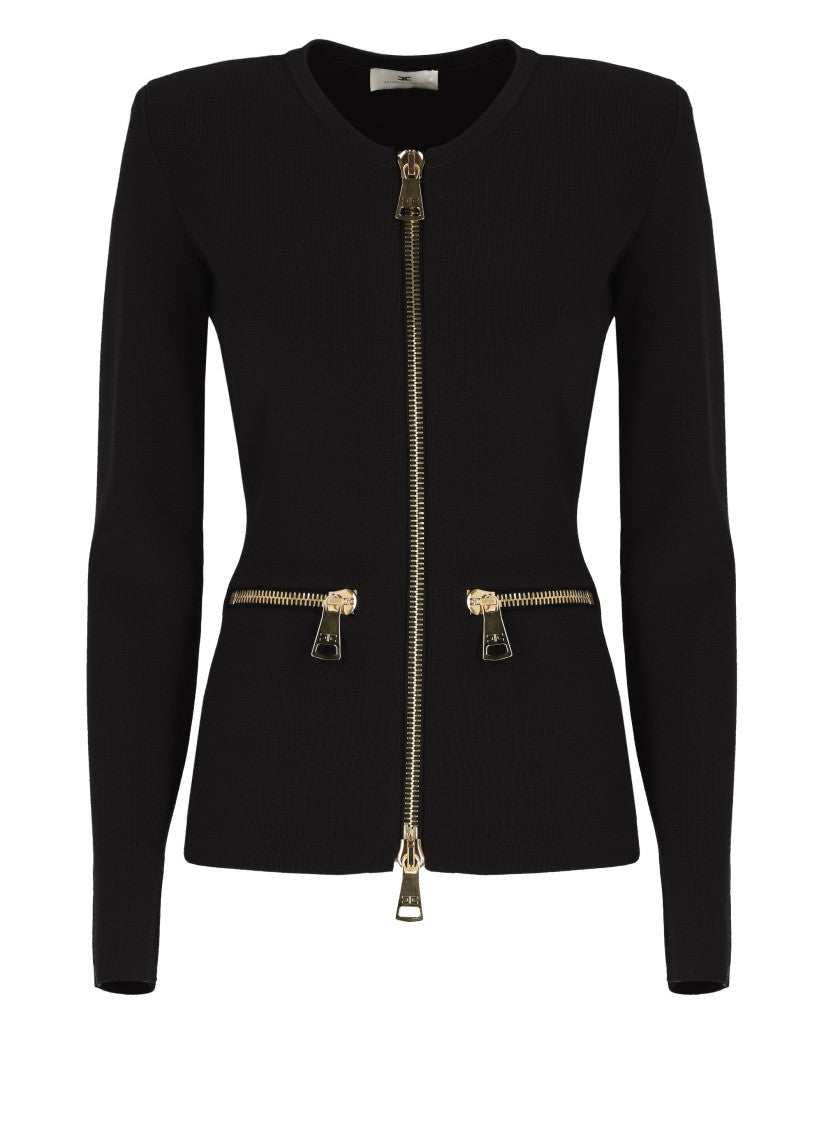 Elisabetta Franchi Tailored Black Knit Sweater With Maxi Gold Zippers